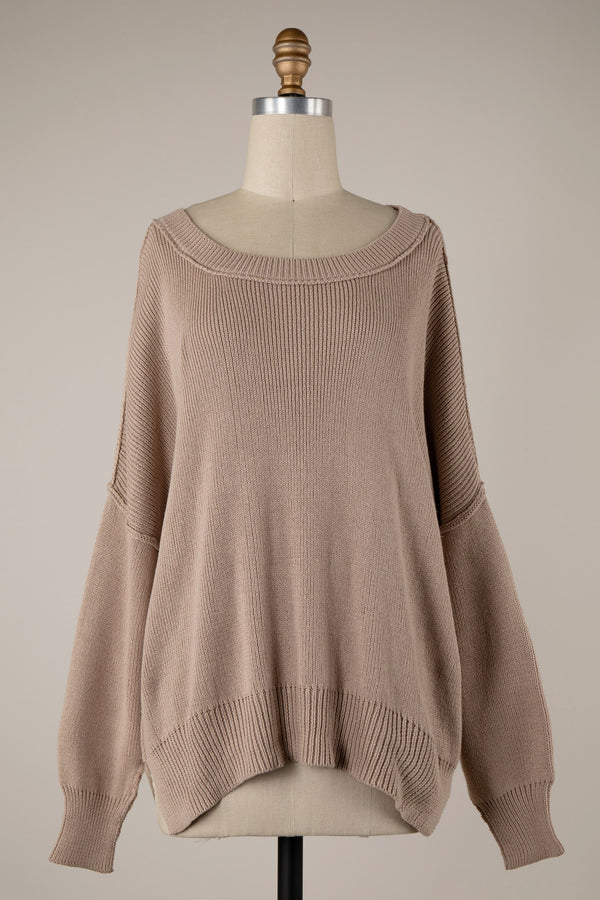 WIDE NECK REVERSE SEAM OVERSIZED SWEATER - TAUPE