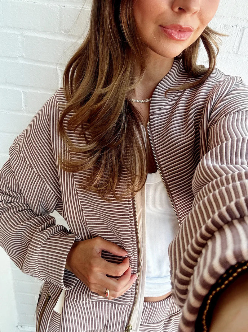 VINTAGE HAVANA STRIPE CORD FLEECE JACKET - CHESTNUT/IVORY