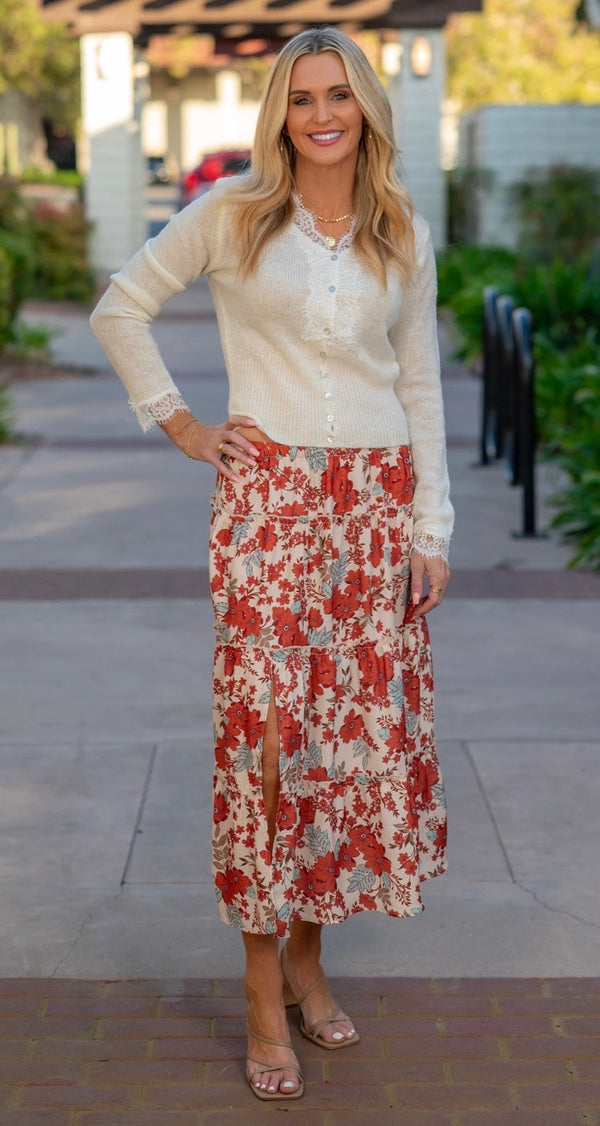 BUTTON FRONT LACE KNIT TOP - IVORY