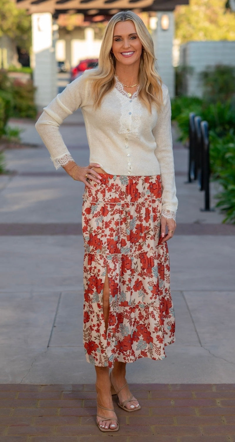 BUTTON FRONT LACE KNIT TOP - IVORY