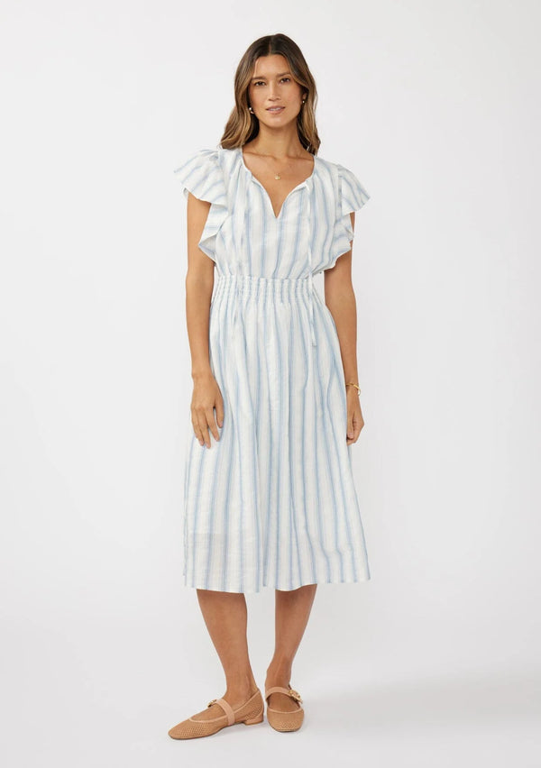 GEORGIA STRIPED MIDI DRESS - WHITE/DUSTYBLUE