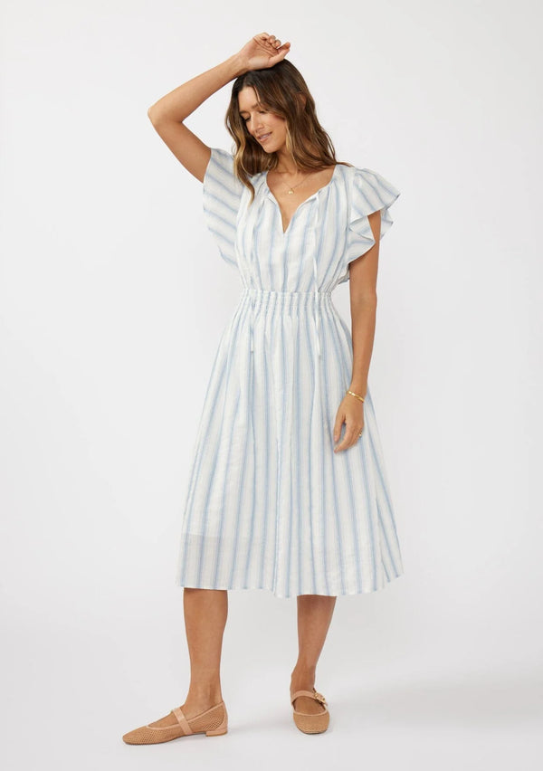 GEORGIA STRIPED MIDI DRESS - WHITE/DUSTYBLUE