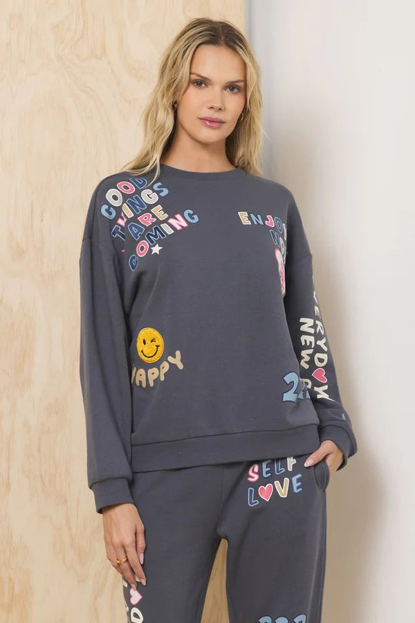 PRINTED SURF WASH/SELF LOVE SWEATSHIRT - CHARCOAL