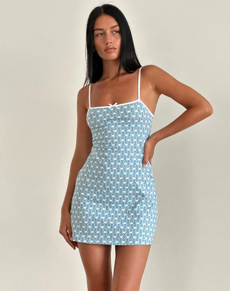 MOTEL RINIKO MINI DRESS - POWDER BLUE XO HEART