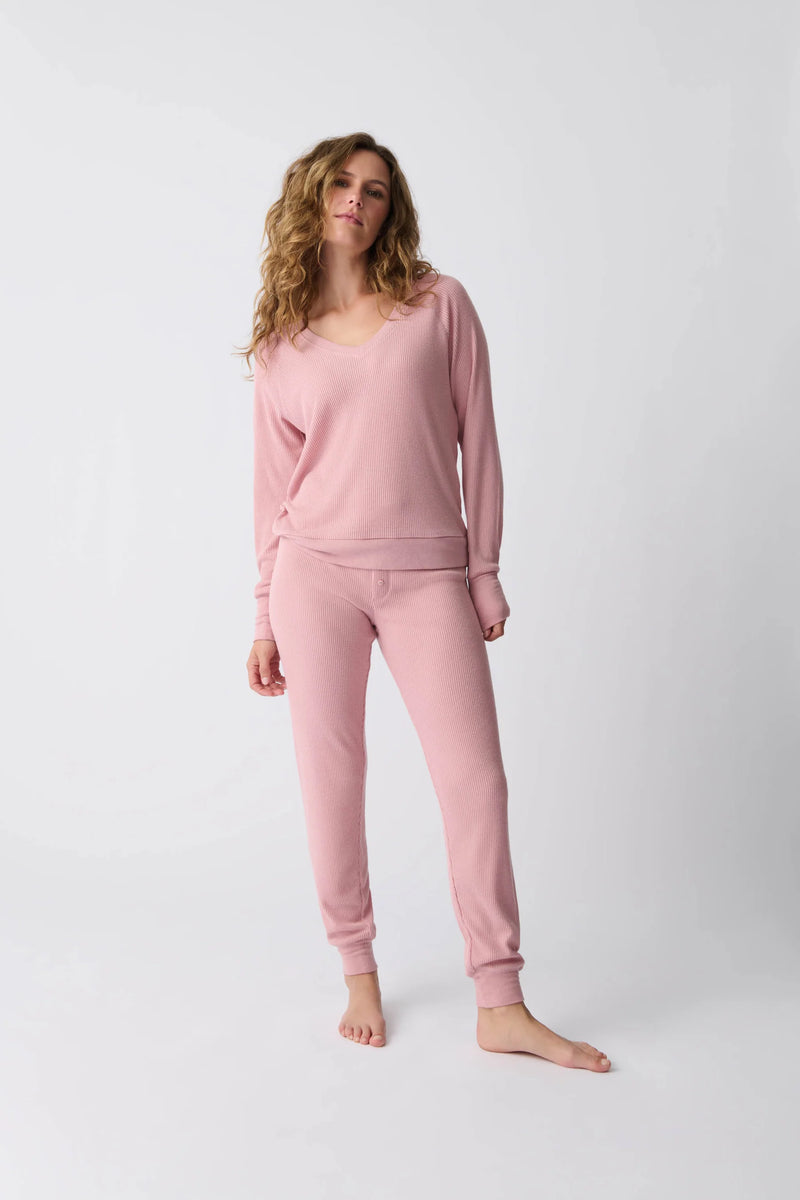 PJ SALVAGE TEXTURED ESSENTIAL LONG SLEEVE TOP - ROSEWOOD
