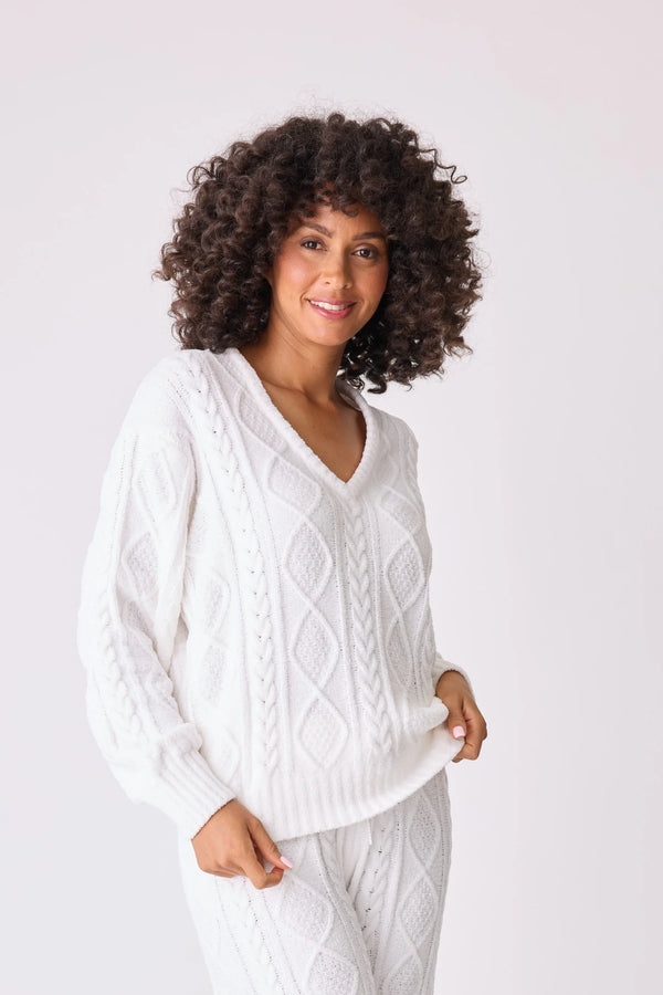 PJ SALVAGE CHENILLE COZY CABLE V-NECK SWEATER - IVORY