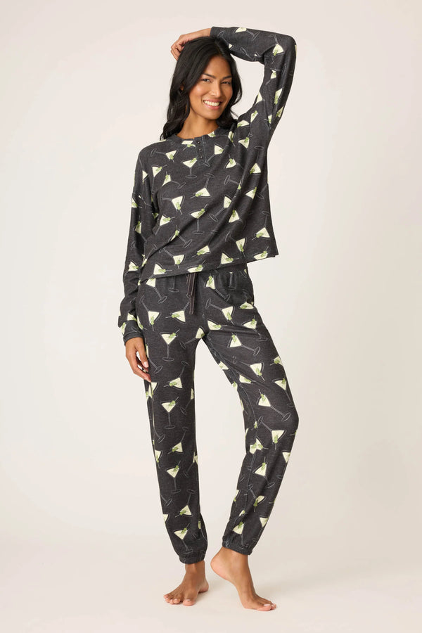 MERRIER WITH A MARTINI LONG SLEEVE PJ TOP - BLACK