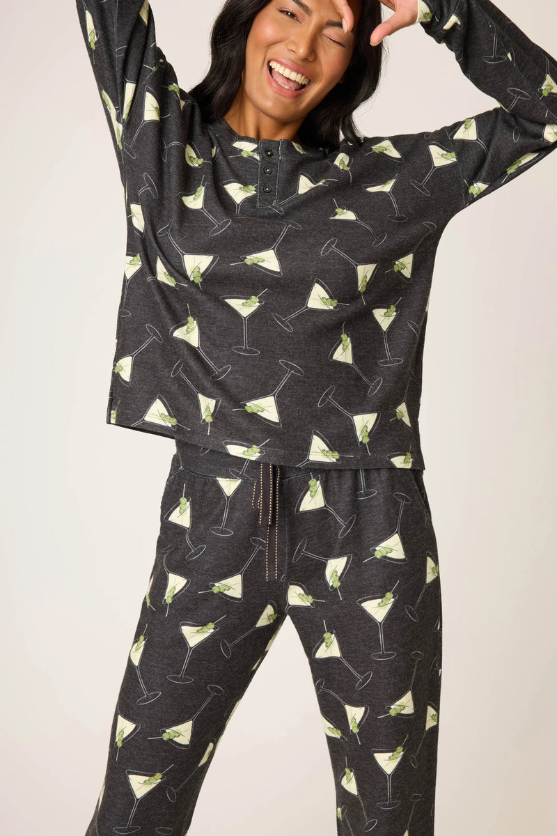 MERRIER WITH A MARTINI LONG SLEEVE PJ TOP - BLACK