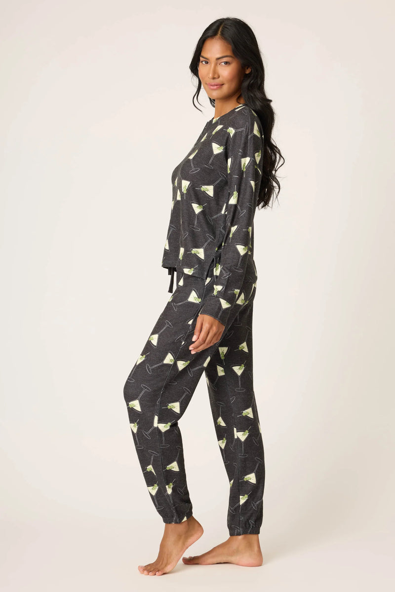 MERRIER WITH A MARTINI LONG SLEEVE PJ TOP - BLACK