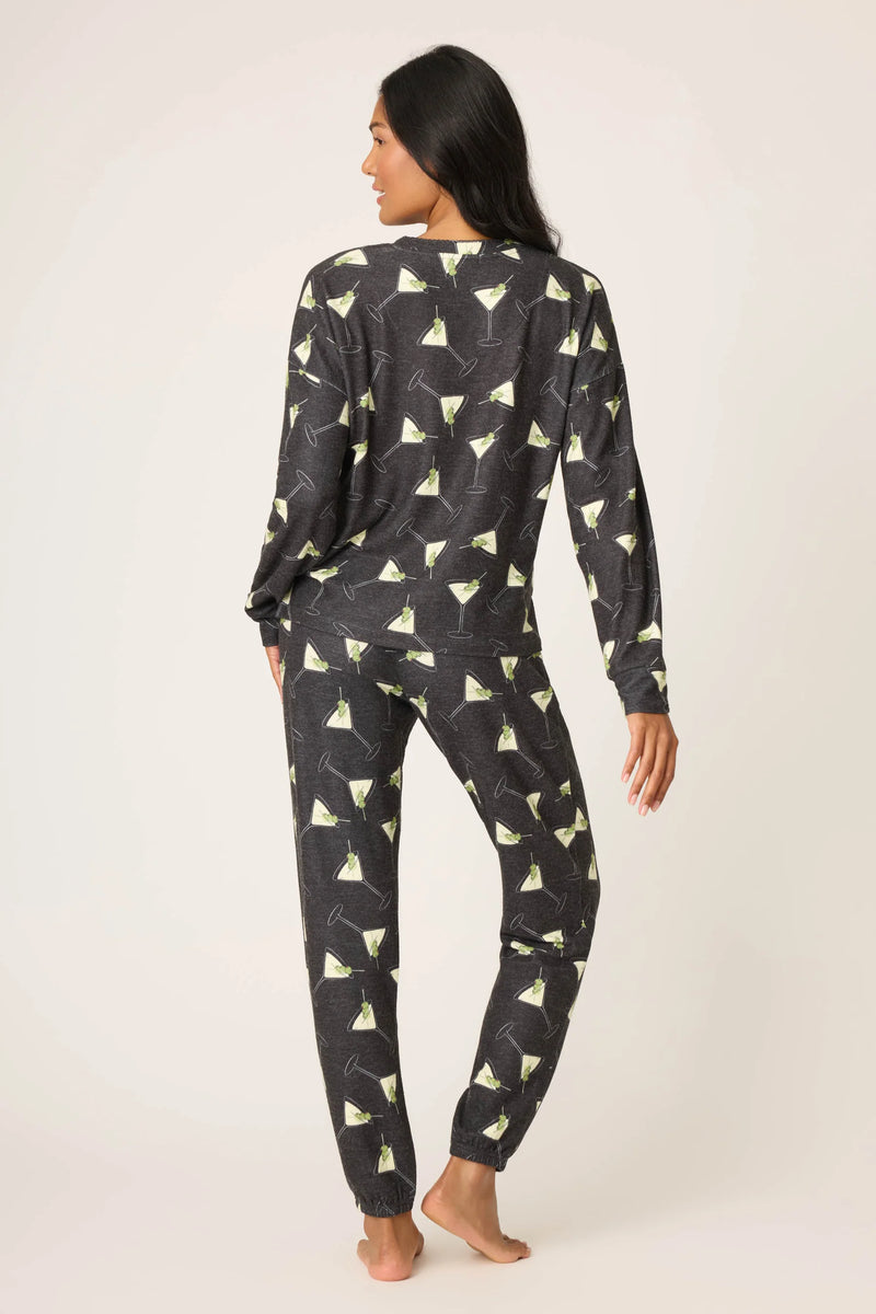 MERRIER WITH A MARTINI LONG SLEEVE PJ TOP - BLACK