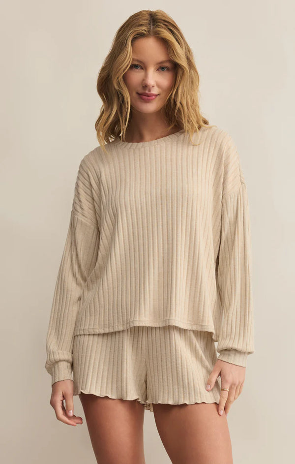 Z SUPPLY DAYDREAM RIB LONG SLEEVE TOP - LIGHT OATMEAL HEATHER