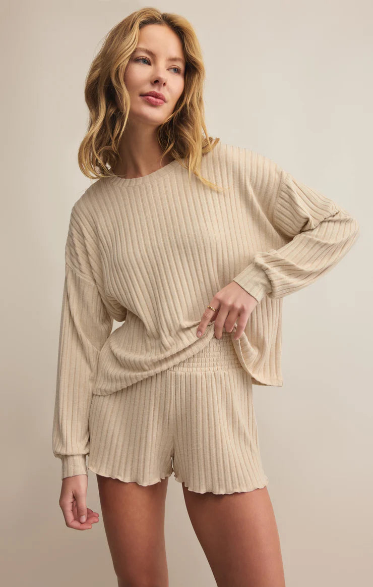 Z SUPPLY DAYDREAM RIB LONG SLEEVE TOP - LIGHT OATMEAL HEATHER