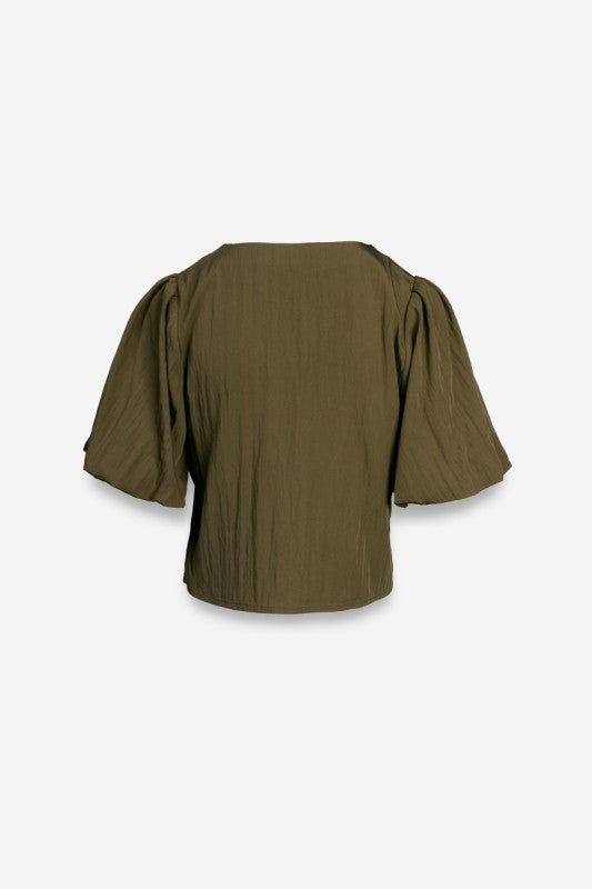 PUFF SLEEVE BUTTON UP BLOUSE - OLIVE