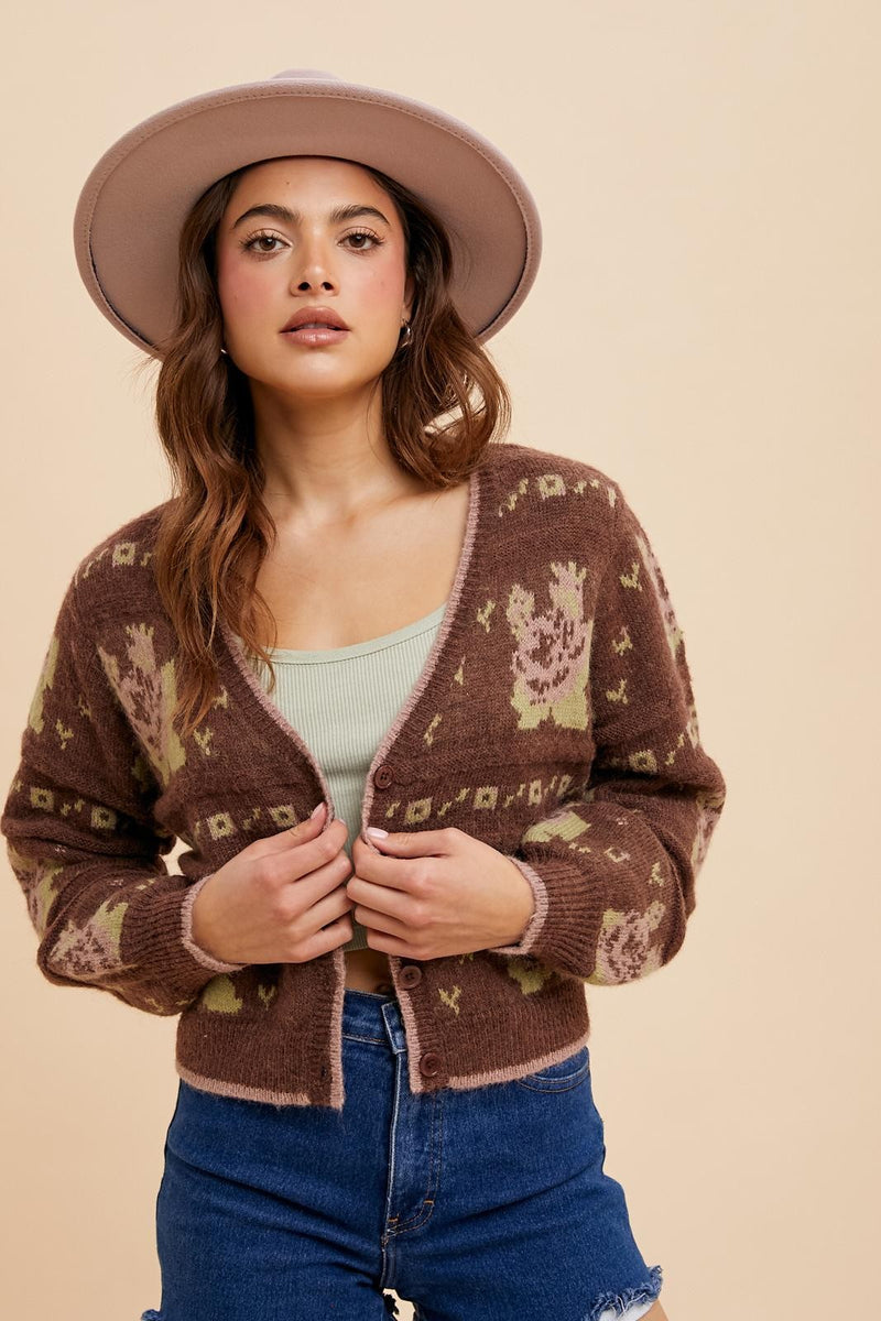 FLORAL JACQUARD CARDIGAN - CHESTNUT