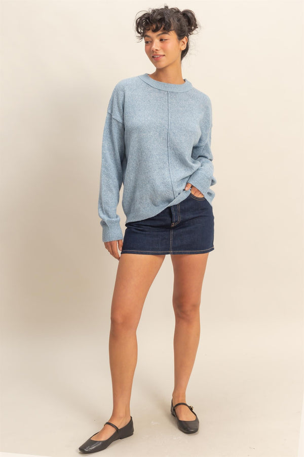 FRONT SEAM CREW NECK SWEATER - OCEAN BLUE