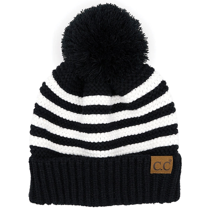 STRIPED POM POM BEANIE - BLACK