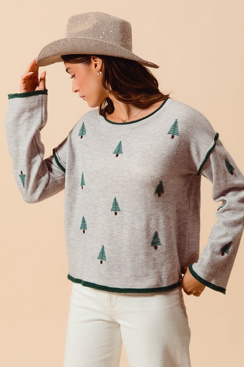 CHRISTMAS TREE EMBROIDERED SWEATER - HEATHER GREY