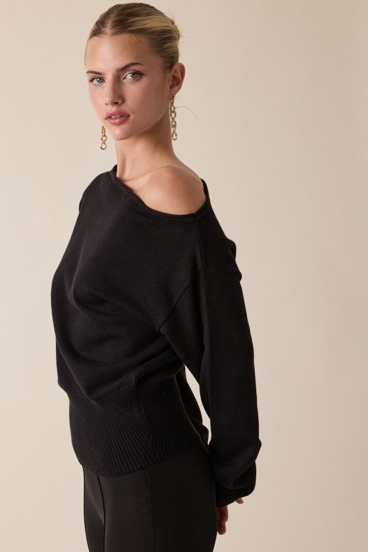 ONE SHOULDER KNIT SWEATER - BLACK