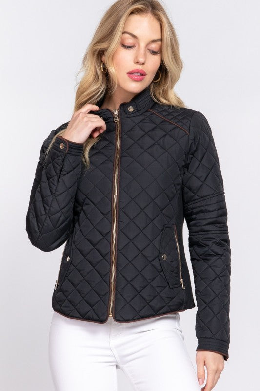 QUILTED JACKET WITH PIPING DETAIL - BLACK