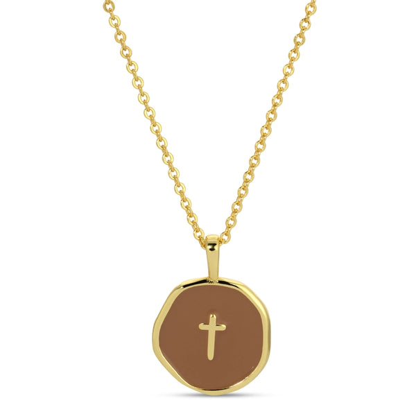 TINY CROSS PENDANT NECKLACE - GOLD/SPICE