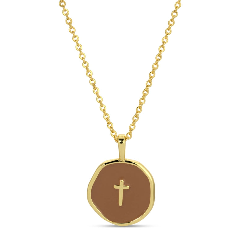 TINY CROSS PENDANT NECKLACE - GOLD/SPICE