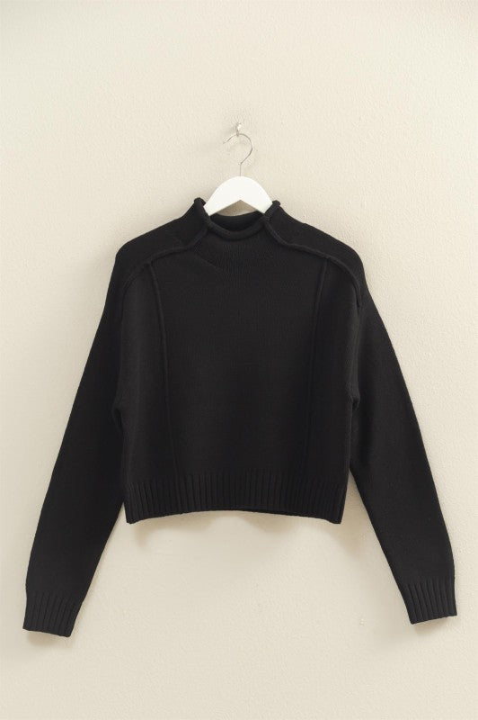 MOCK NECK RIBBED SWEATER - BLACK