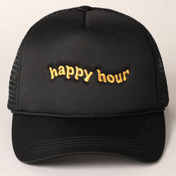 HAPPY HOUR EMBROIDERED TRUCKER HAT - BLACK