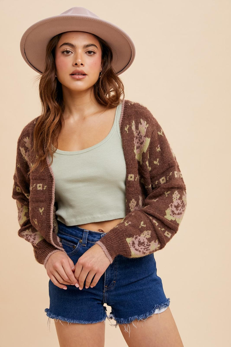 FLORAL JACQUARD CARDIGAN - CHESTNUT