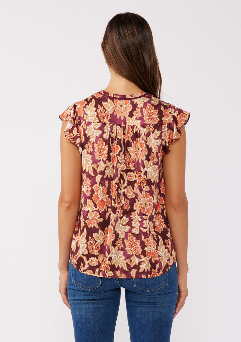 AMBER FIELDS FLUTTER SLEEVE TOP - WINE/DUSTY ROSE