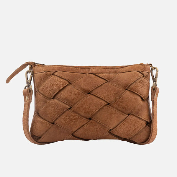 KELLY WOVEN LEATHER CROSSBODY BAG - CAMEL