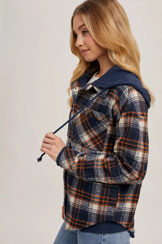 BUTTON DOWN HOODED PLAID JACKET - NAVY