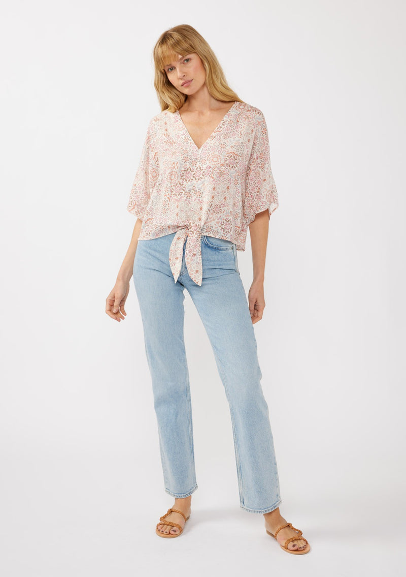 KIMONO TIE FRONT TOP - NATURAL/DUSTY PINK