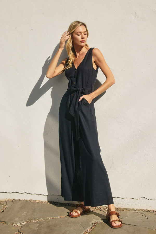 BUTTON DOWN BELTED JUMPSUIT - BLACK