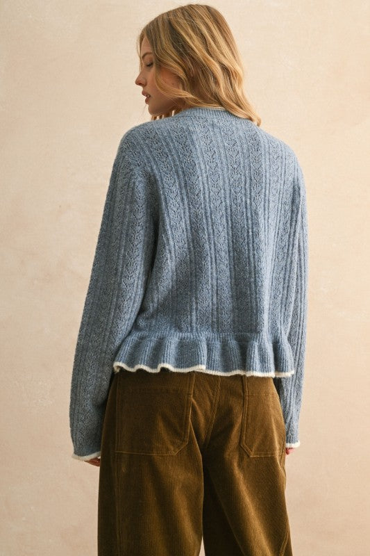 RUFFLE DETAIL SWEATER CARDIGAN - DENIM BLUE