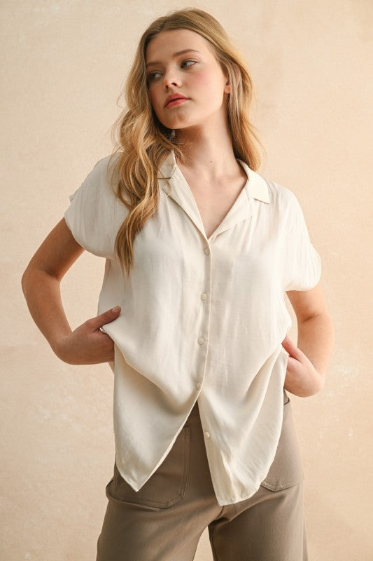BUTTON DOWN CAP SLEEVE BLOUSE - CREAM