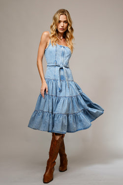 GARMENT WASHED TIERED MIDI DRESS - LIGHT DENIM