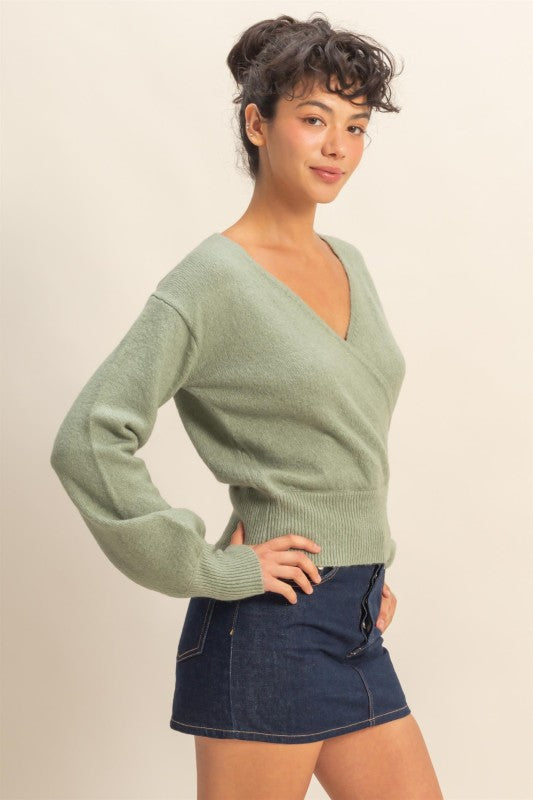 SURPLICE V-NECK SWEATER - SAGE GREEN