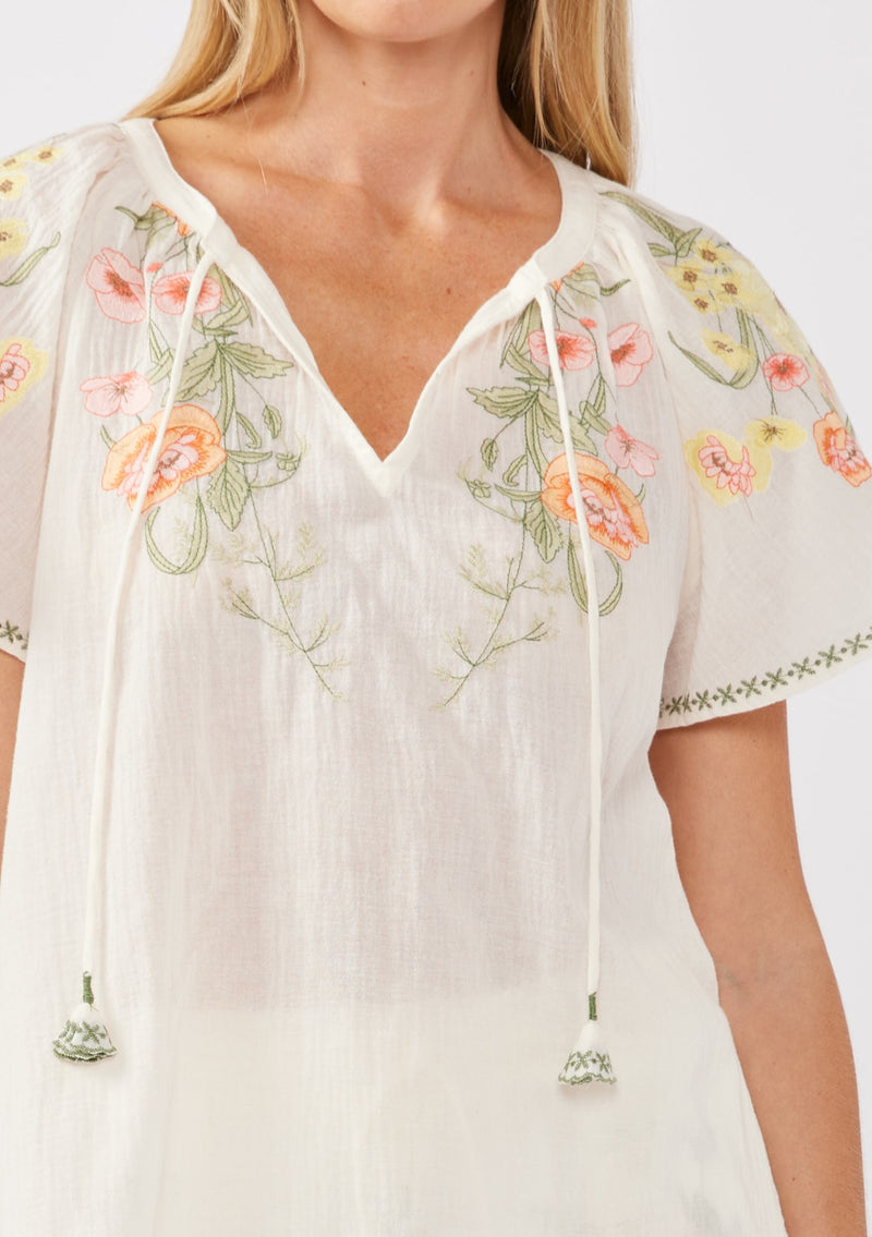 SPLIT NECK EMBROIDERED TOP - CREAM/CORAL