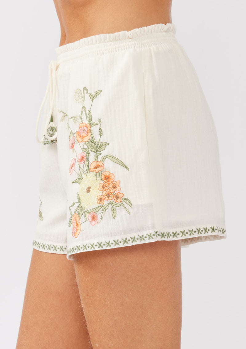 DRAWSTRING WAIST EMBROIDERED SHORTS - CREAM/CORAL