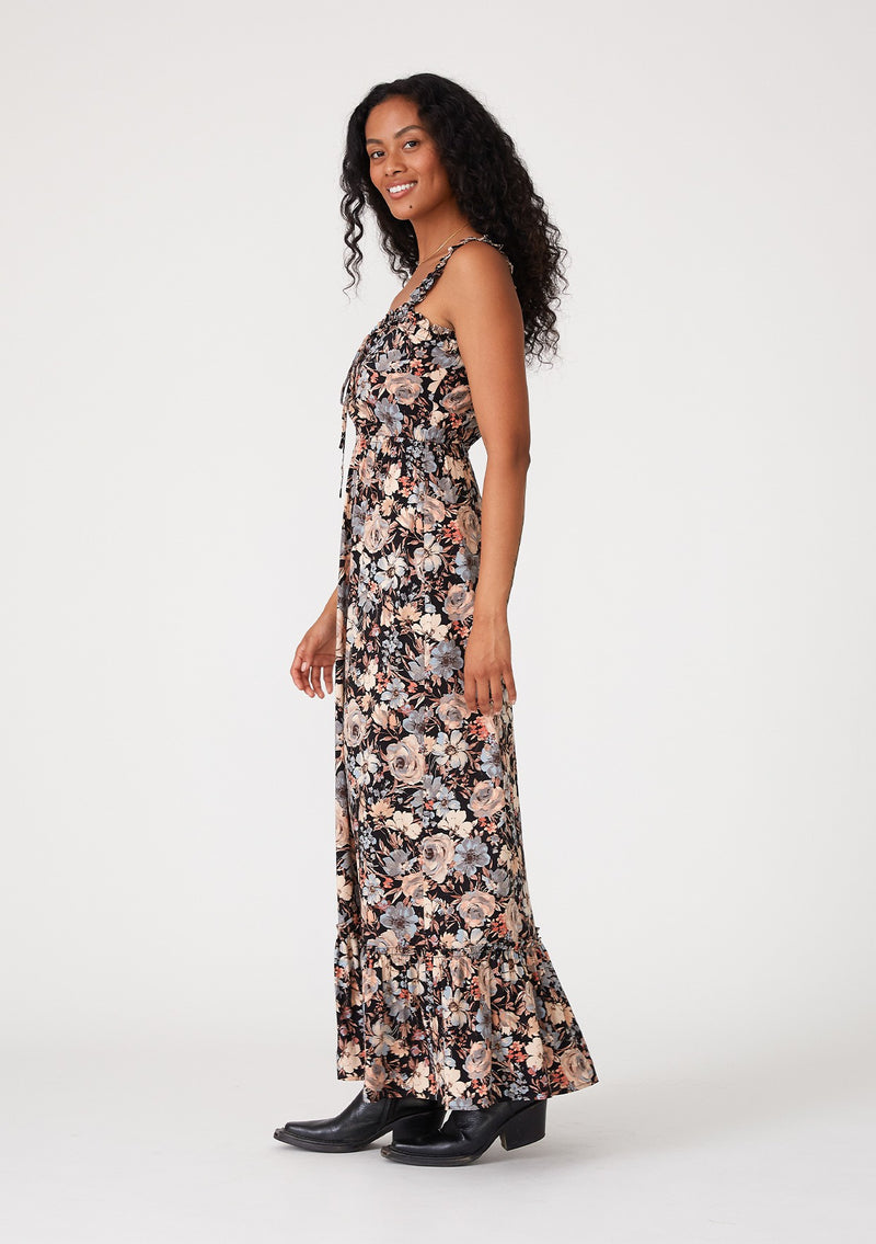 DREAMSTATE LACE-UP MAXI DRESS - BLACK/DUSTY BLUE