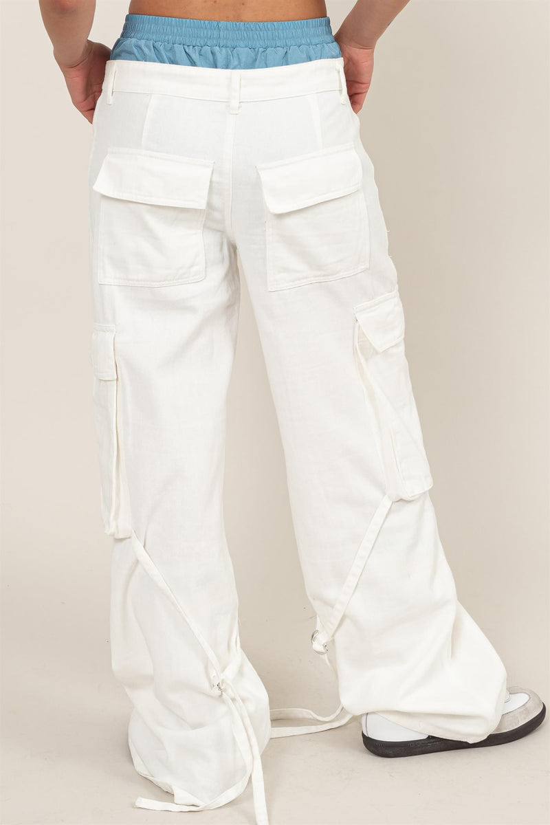 WASHED DENIM CARGO PANTS - WHITE