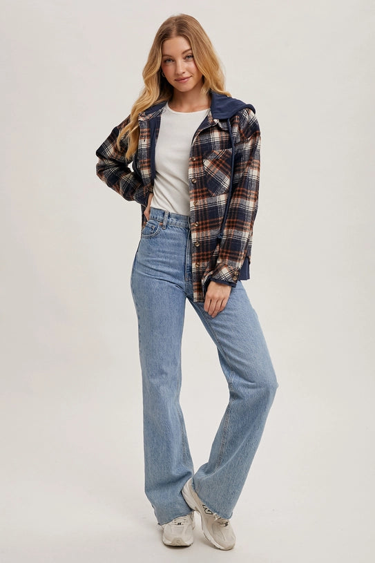 BUTTON DOWN HOODED PLAID JACKET - NAVY