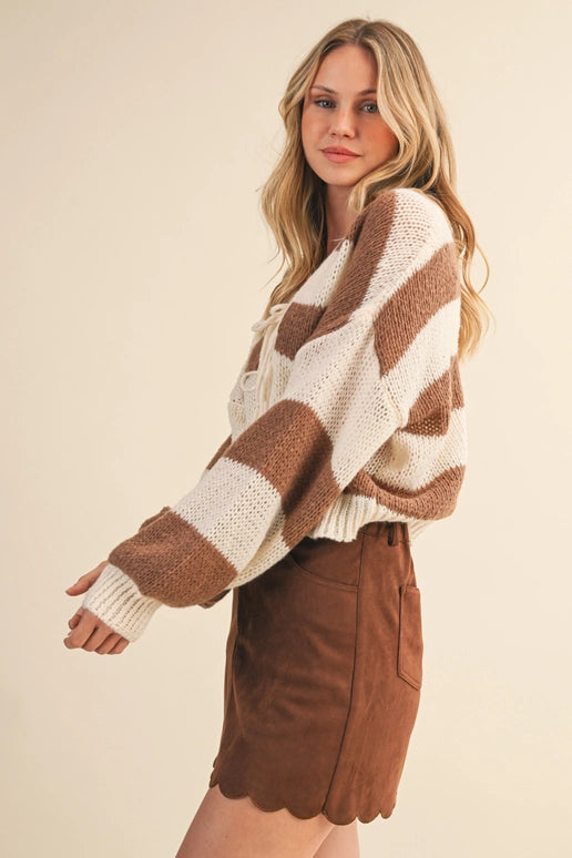 STRIPED FRONT TIE CARDIGAN - CREAM/BROWN