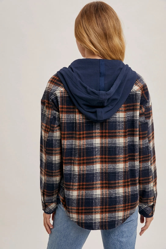 BUTTON DOWN HOODED PLAID JACKET - NAVY