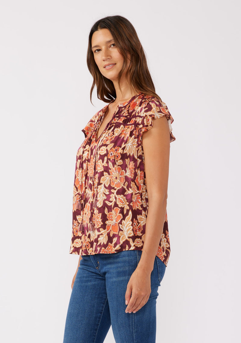 AMBER FIELDS FLUTTER SLEEVE TOP - WINE/DUSTY ROSE