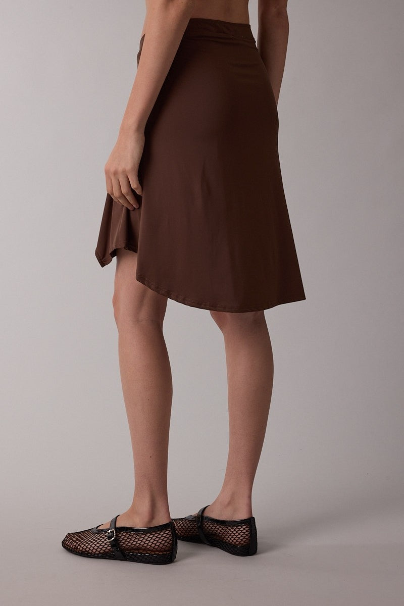 ASYMMETRICAL KNEE LENGTH SKIRT - BROWN