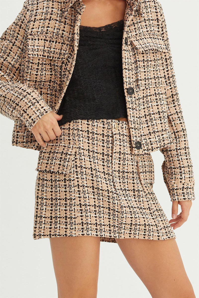 TWEED A-LINE MINI SKIRT -  TAUPE