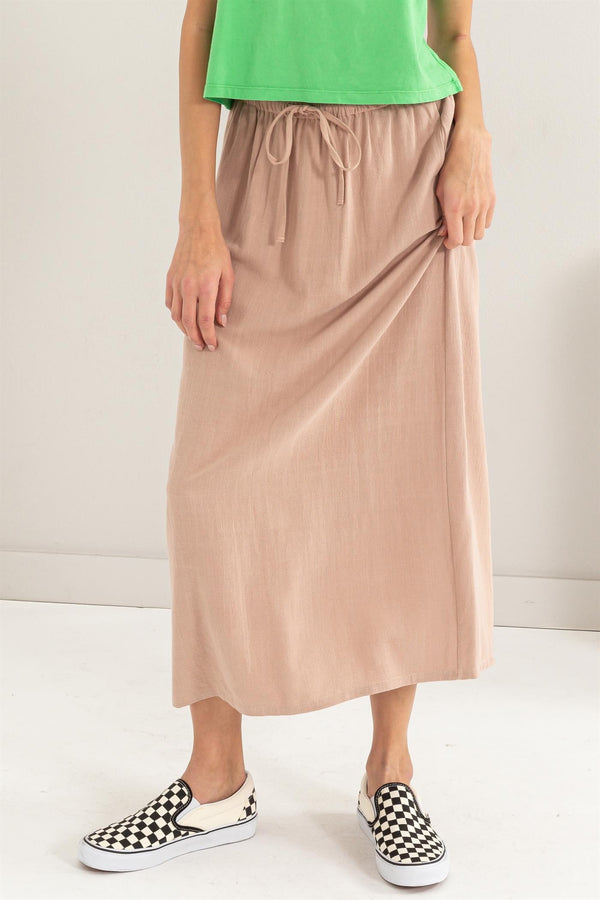 LINEN BLEND MIDI SKIRT - TAN