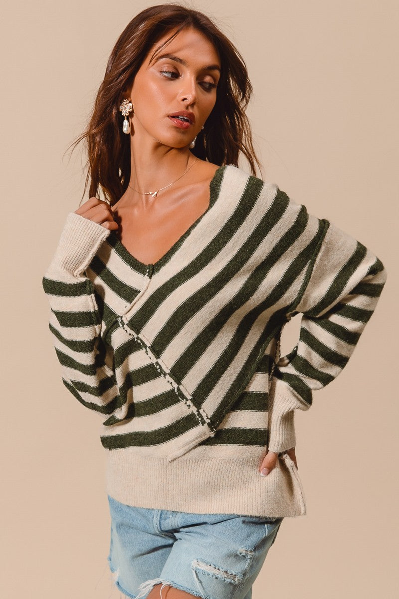 STRIPED CROSS OVERLAPPED SWEATER - OLIVE/OATMEAL