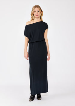 BOAT NECK SIDE SLIT MAXI DRESS - BLACK